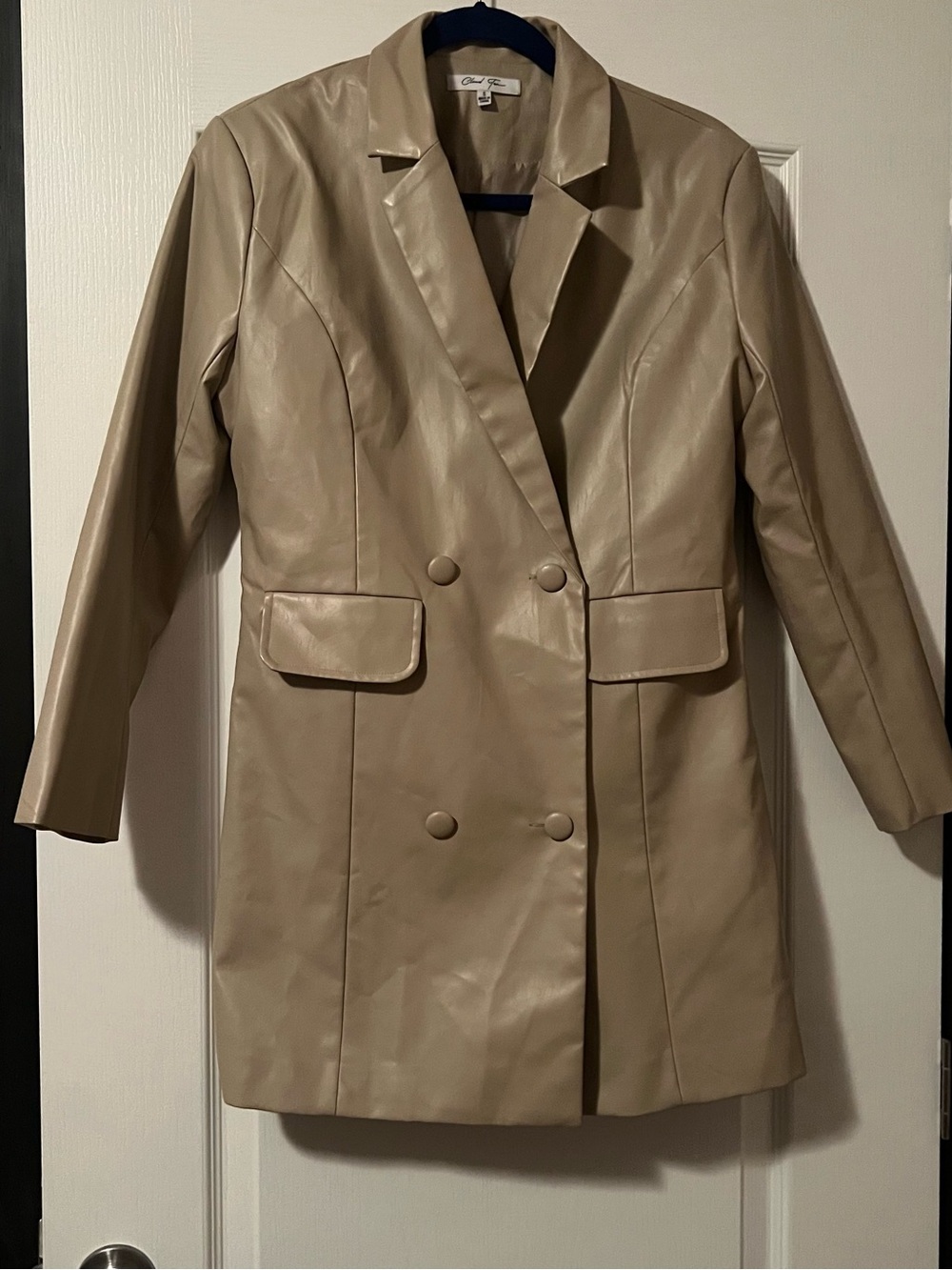 Cloud Ten Tan Faux Leather Blazer Mini Coat Dress Double Breasted Trench Small